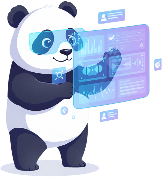 Panda analyzing a video with a magnifying glass